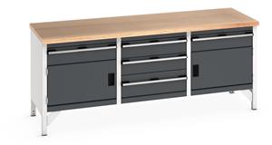 Bott Cubio Storage Workbench 2000mm wide x 750mm Deep x 840mm high supplied with a Multiplex (layered beech ply) worktop, 5 x drawers (1 x 200mm & 4 x 150mm high) and 2 x 350mm high integral storage cupboards.... 2000mm Wide Engineering Storage Benches with Cupboards & Drawers